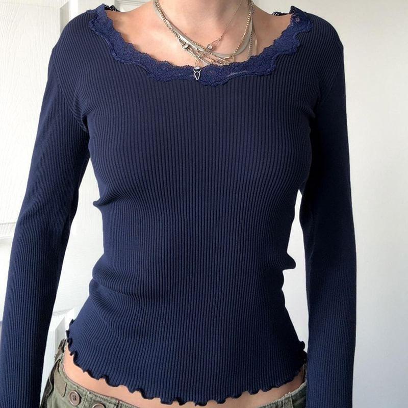 Long Sleeve Lace-Trim Plain Ribbed-Knit Slim-Fit Crop Top Product Image