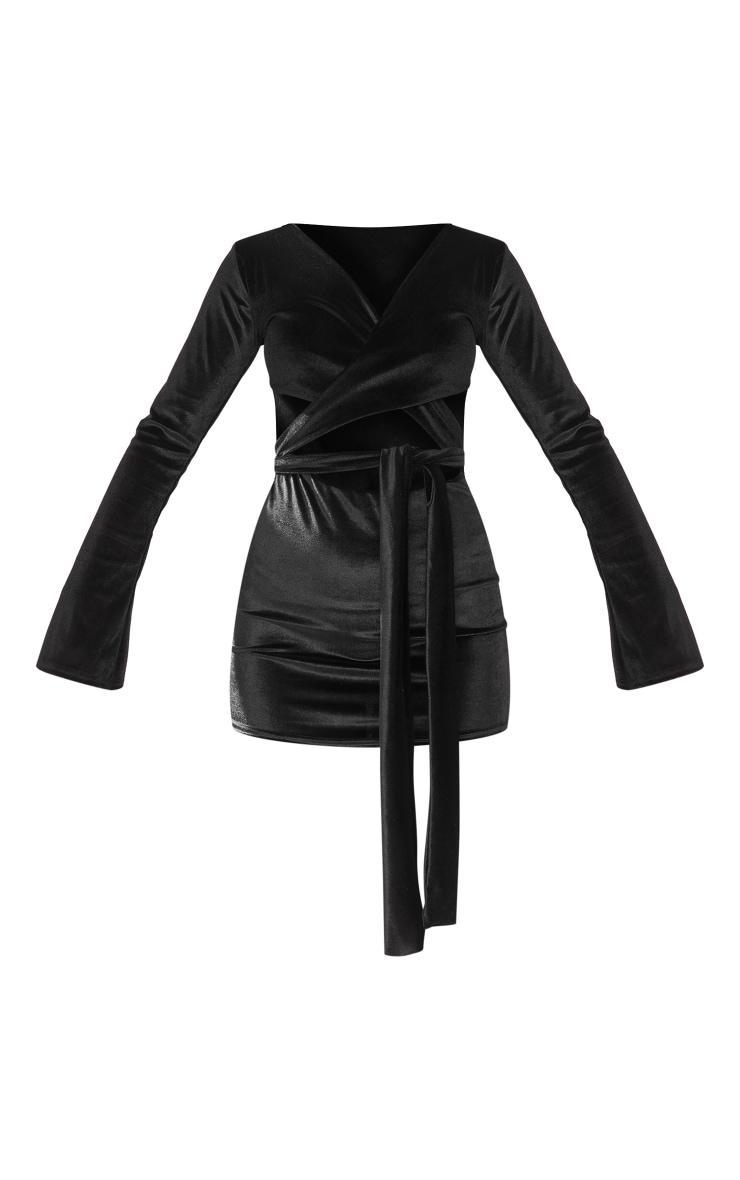 Black Velvet Wrap Around Long Sleeve Bodycon Dress Product Image