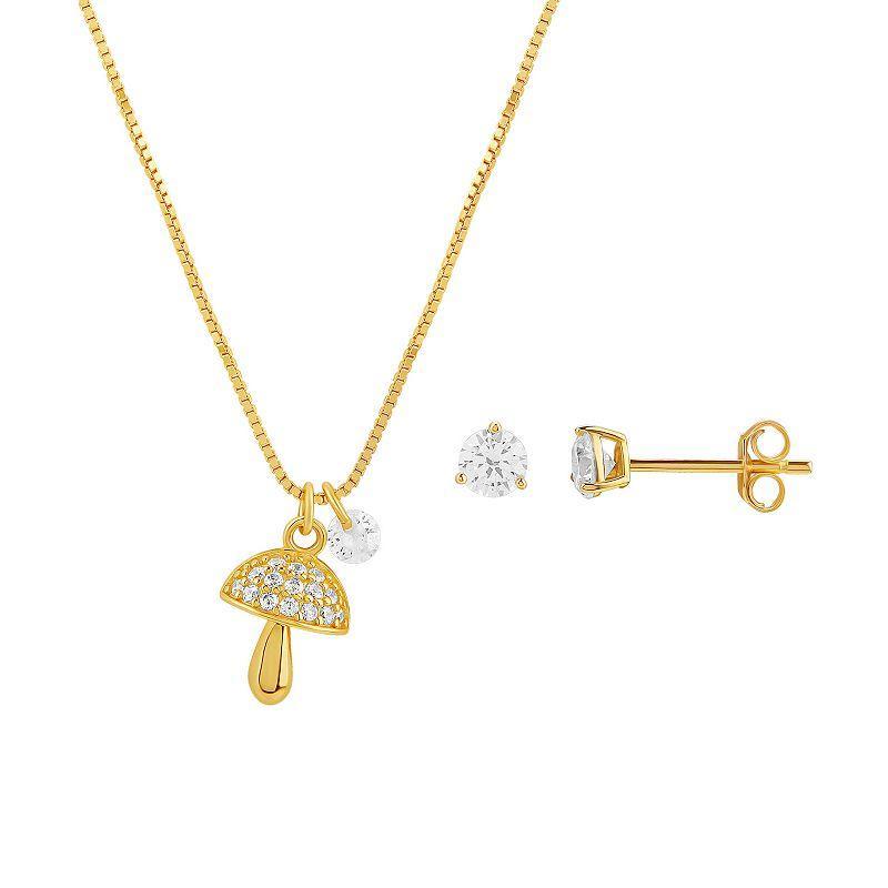 PRIMROSE 18k Gold Plated Mushroom Pendant & Cubic Zirconia Stud Earring Set, Womens, White Product Image