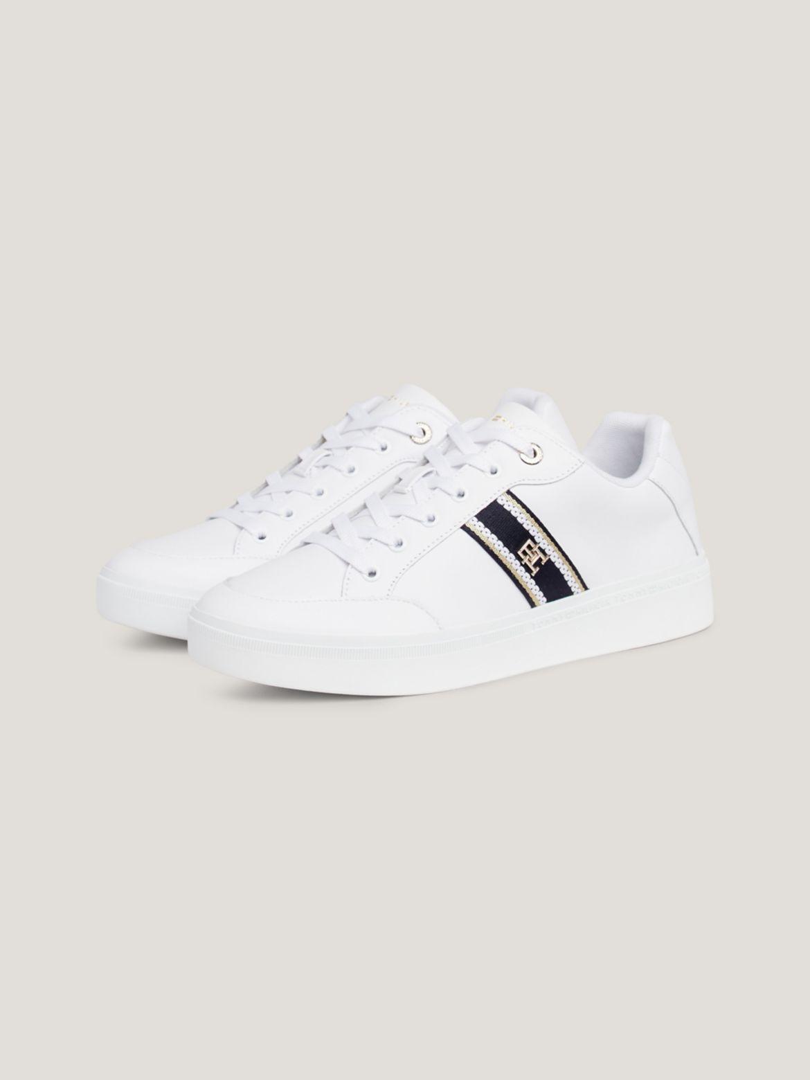 Tommy Hilfiger Women's Monogram Webbing Leather Sneaker - White - US 10 / EU 42 Product Image