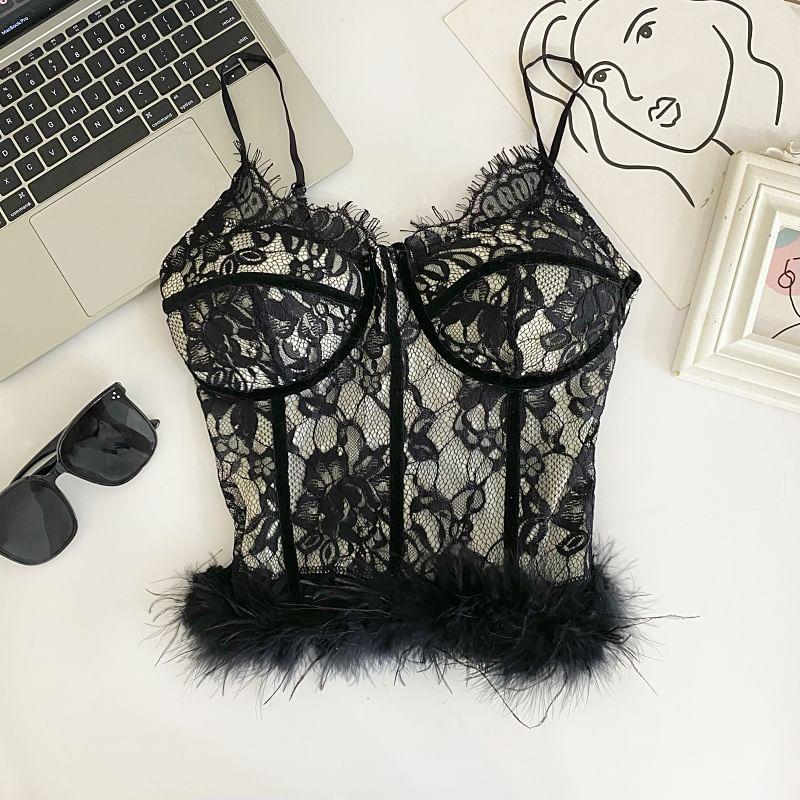 V-Neck Lace Trim Fluffy Hem Bustier Top Product Image