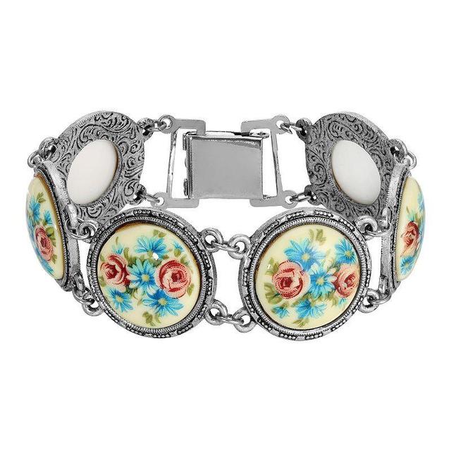 1928 Silver Tone Blue and Pink Rose Round Stone Link Bracelet, Womens Product Image