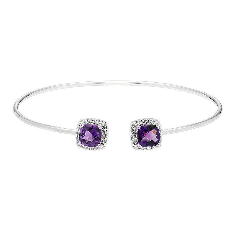 Sterling Silver Amethyst & White Topaz Cushion Halo Cuff Bracelet, Womens Product Image