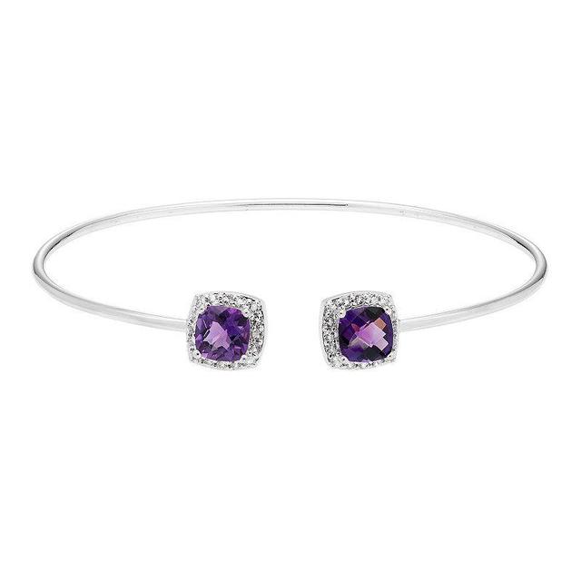 Sterling Silver Amethyst & White Topaz Cushion Halo Cuff Bracelet, Womens Product Image