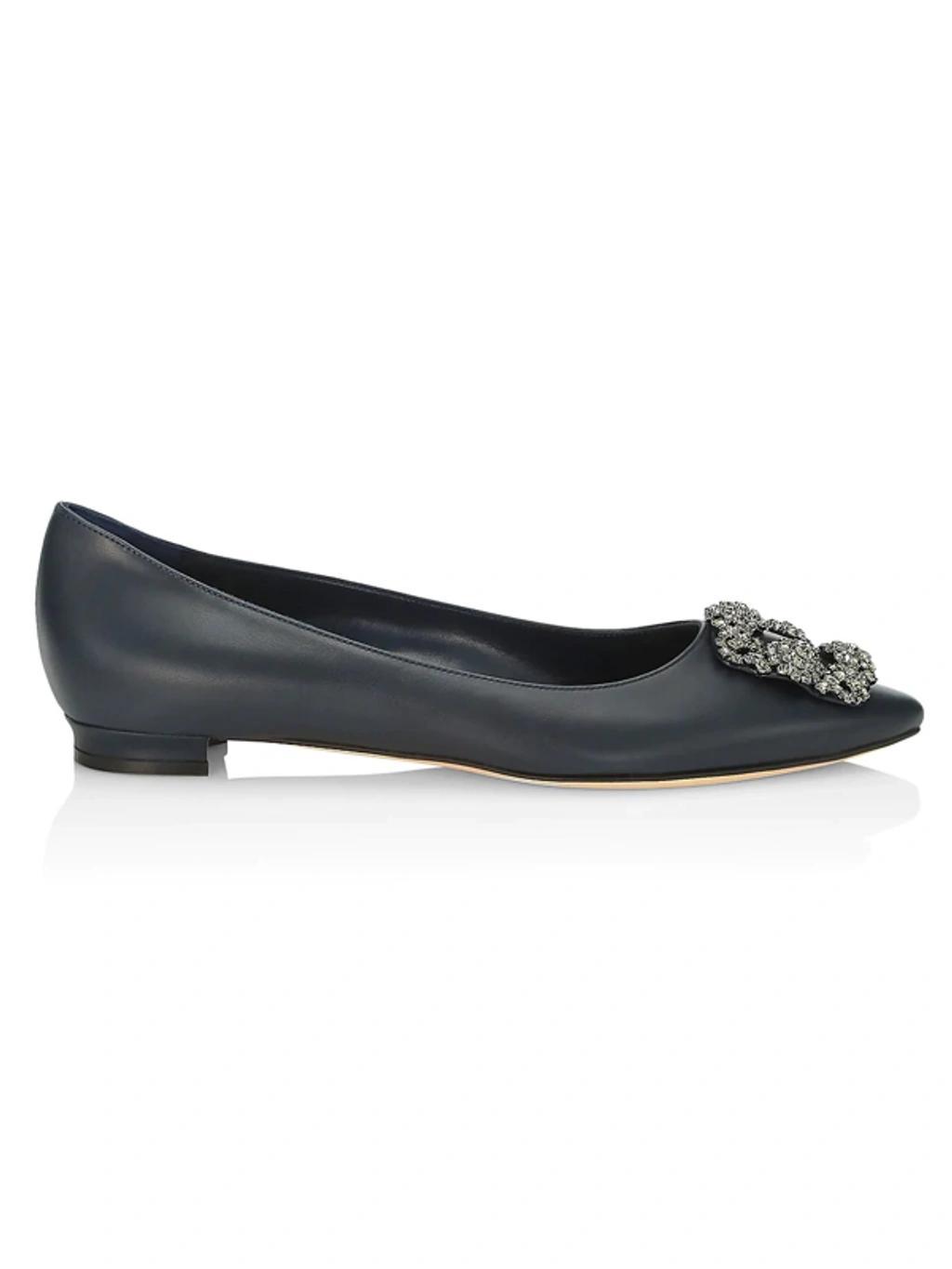 Ladies Hangisi Flat Black Leather Ballerinas In Navy Product Image