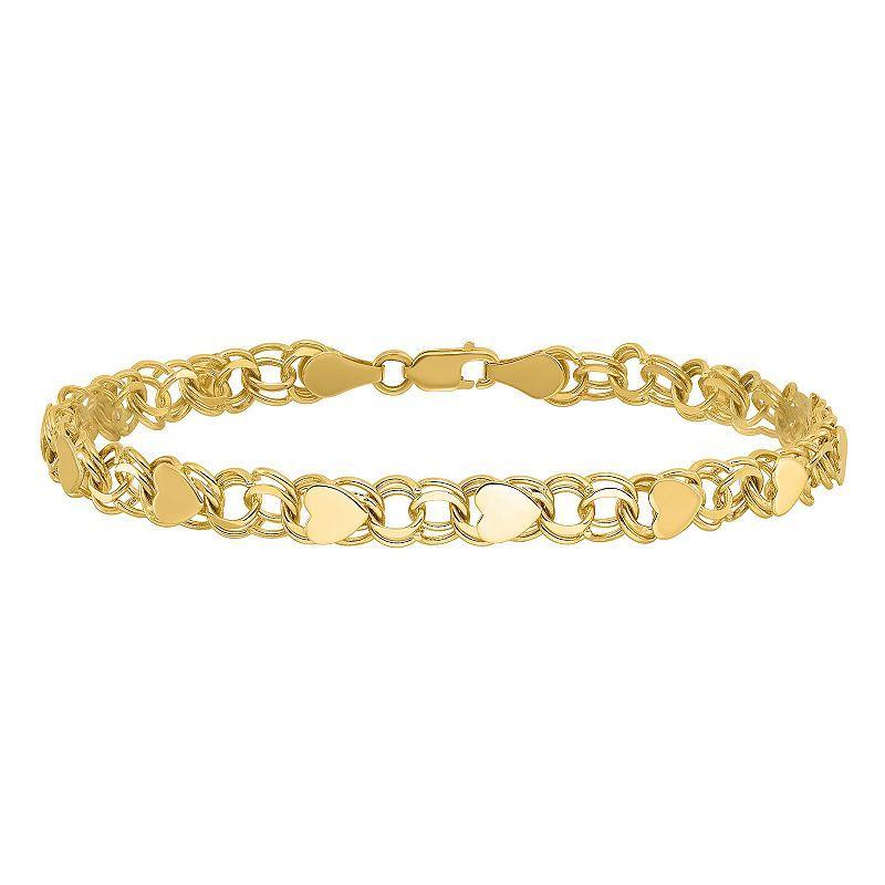 14k Gold Double Link Heart Charm Bracelet, Womens Yellow Product Image