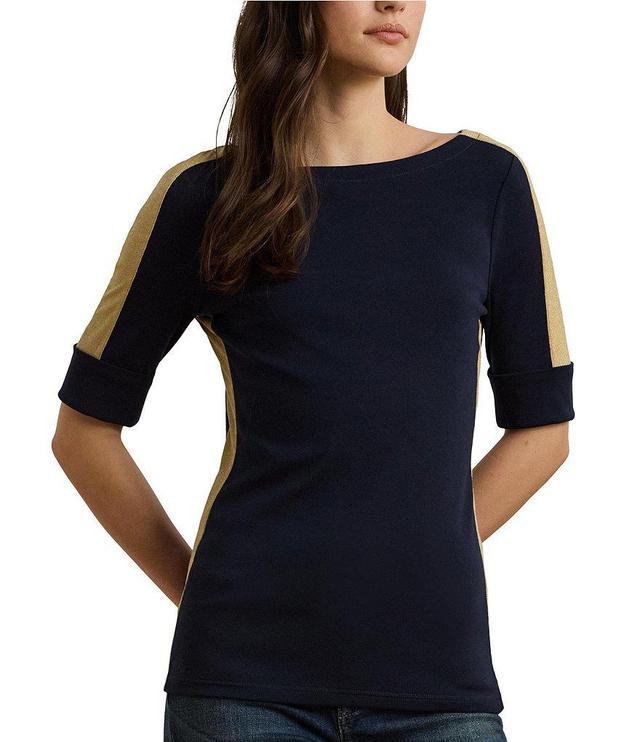 Lauren Ralph Lauren Ribbed Knit Color-Block Boat Neck Elbow Sleeve Tee Product Image