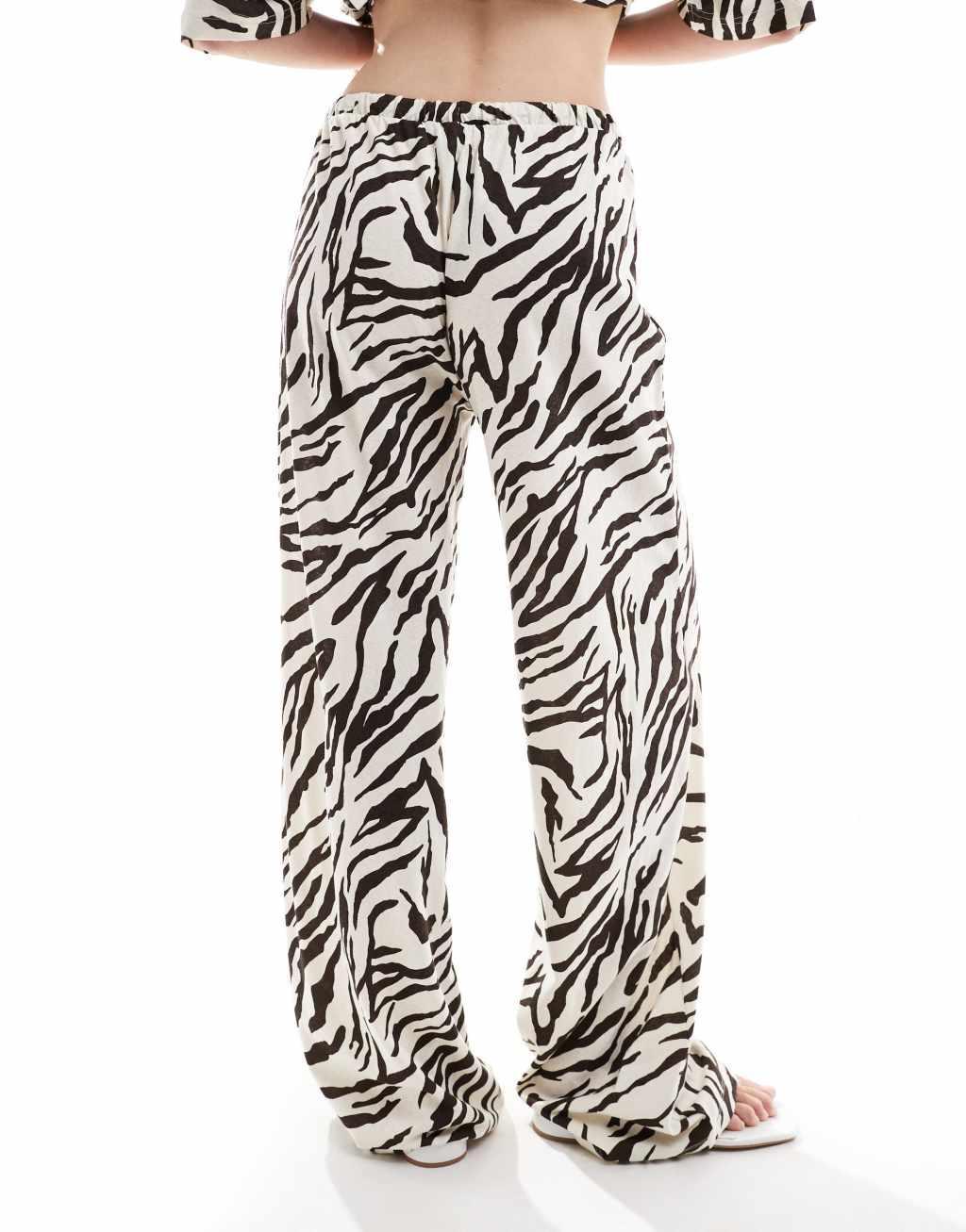 ASOS DESIGN low rise textured linen look pants in zebra print - part of a set Product Image