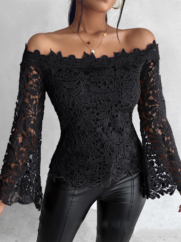 Flared Sleeves Long Sleeves Hollow Solid Color Off-The-Shoulder T-Shirts Tops product image