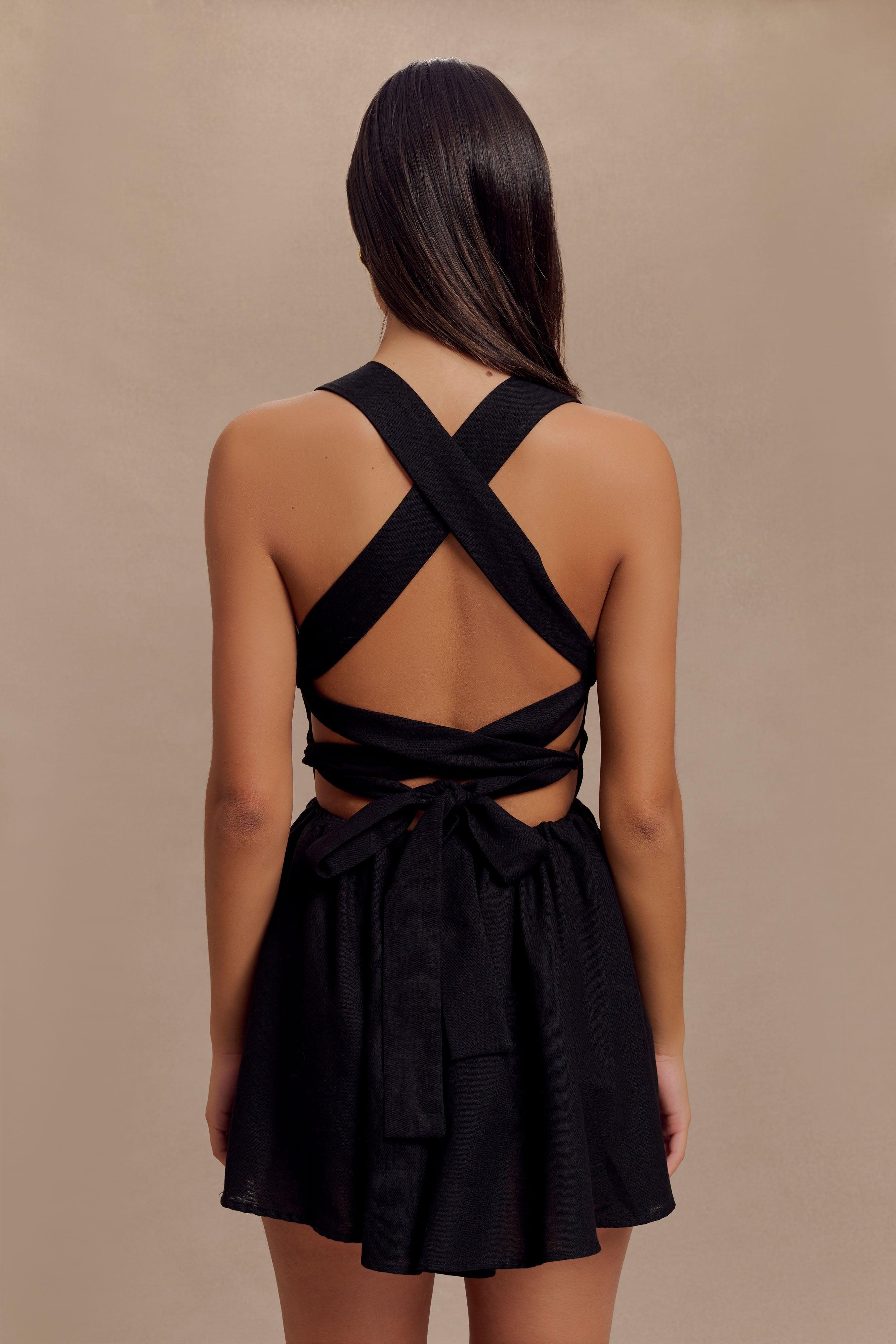 Loz Tie Back Linen Mini Dress - Black Product Image