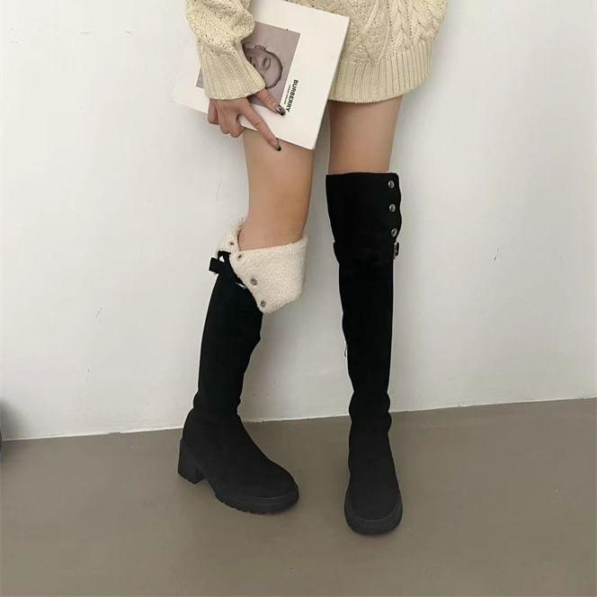 Chunky Heel Fleece-Lined Buckled Over-The-Knee Boots Product Image