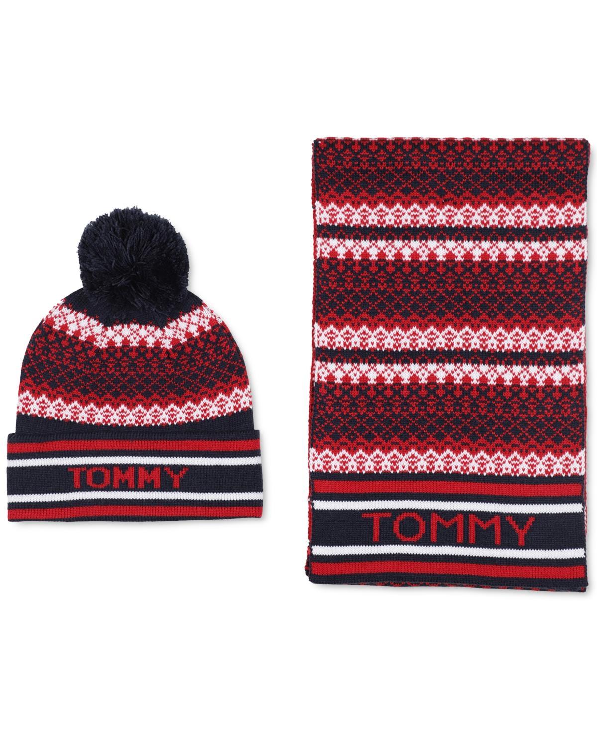 Tommy Hilfiger Mens Fair Isle Hat & Scarf Set - Sky Captain / Apple Red Product Image