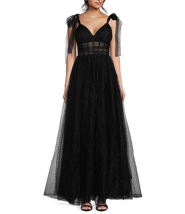 B. Darlin V-Neck Spaghetti Tie Strap Tulle Long Gown Product Image