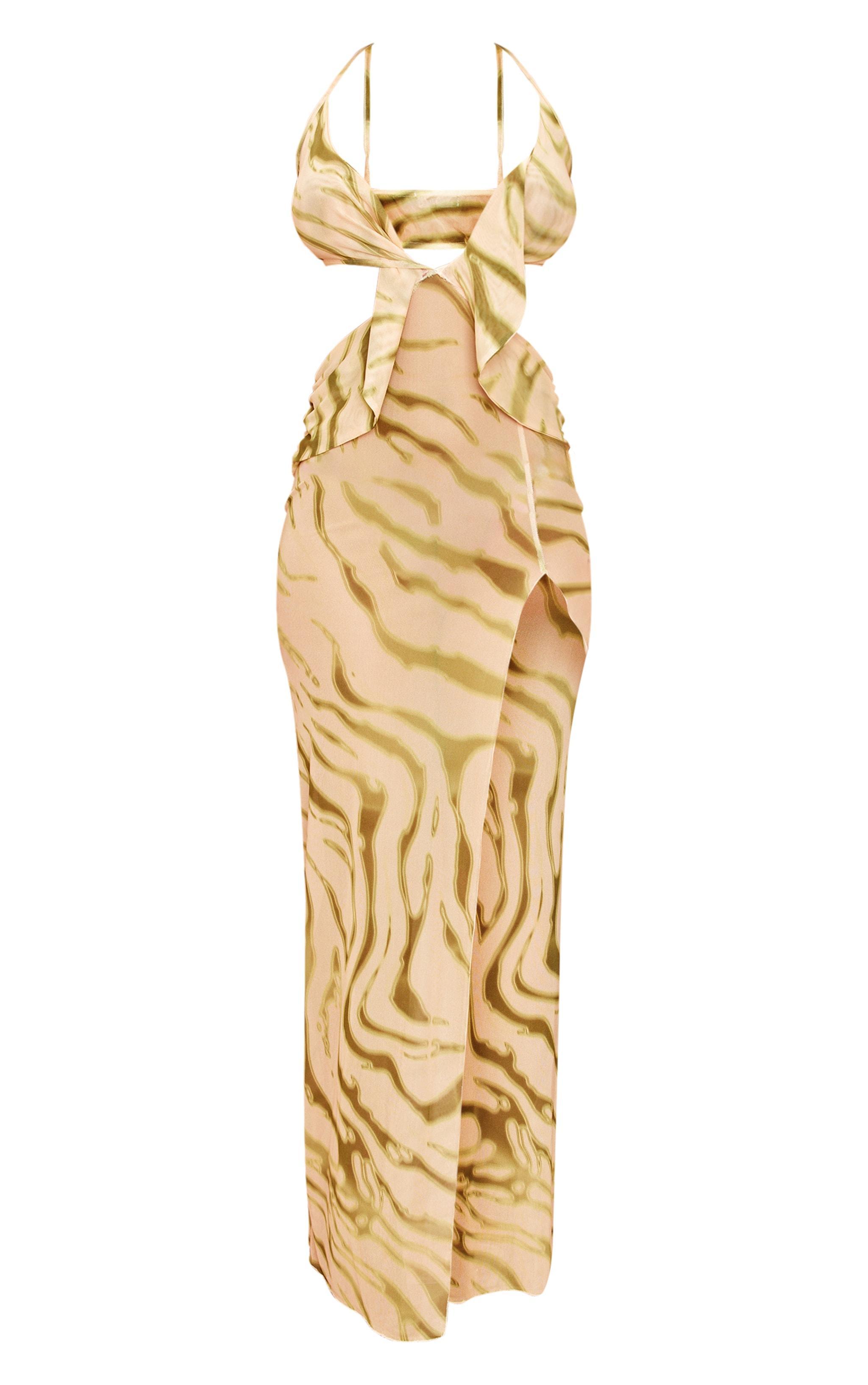 Shape Green Zebra Printed Mesh Knot Cut Out Maxi Dress Product Image