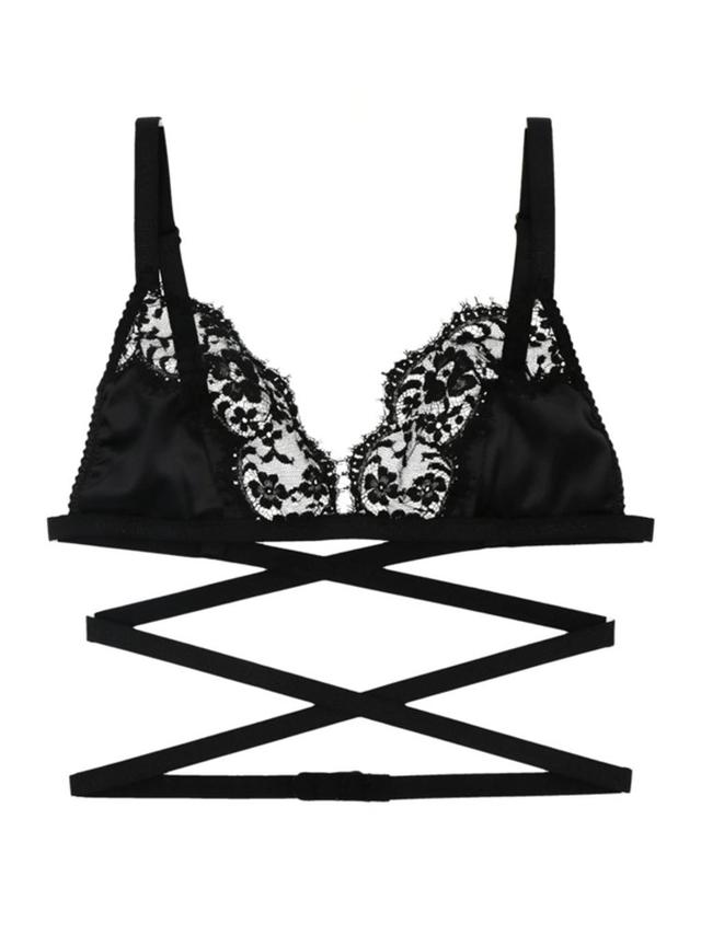 DOLCE & GABBANA Soft-cup Satin Bra With Lace Detailing And Branded Elastic In Nero Product Image