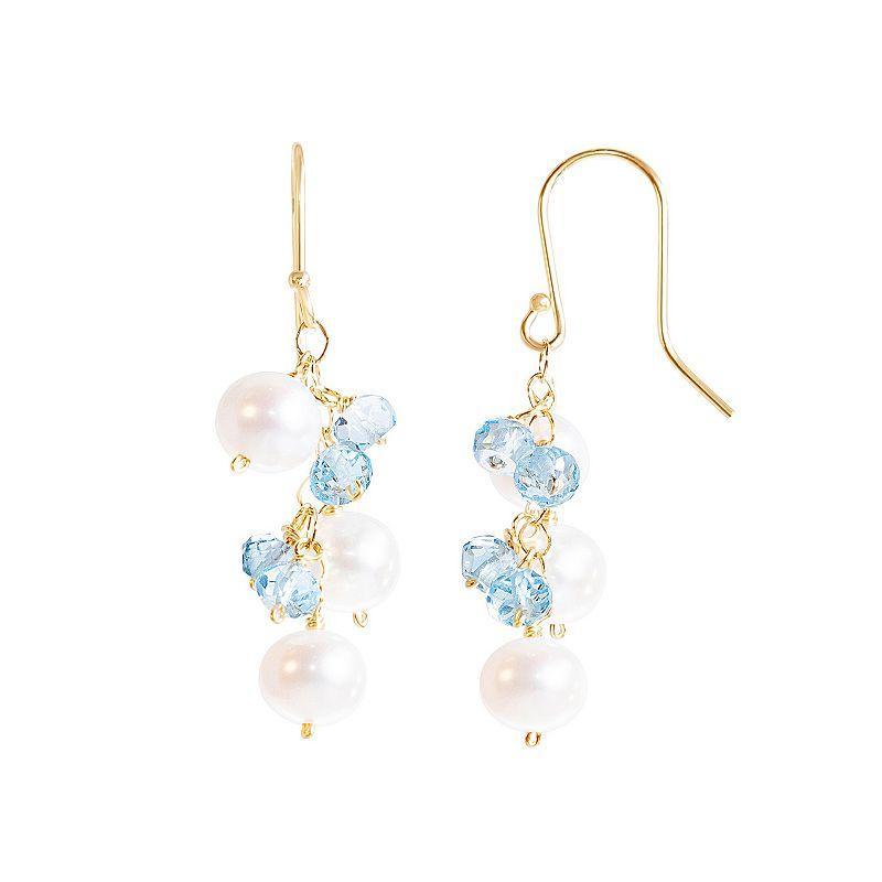 Jewelmak 14k Gold White Freshwater Cultured Pearl & Swiss Blue Topaz Dangle Earrings, Womens Product Image