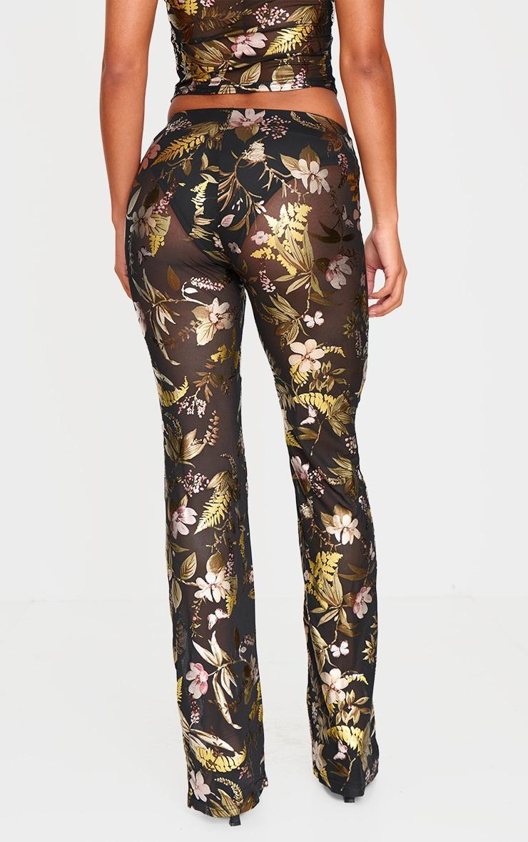 Black Floral Foil Printed Mesh Flare Pants Product Image