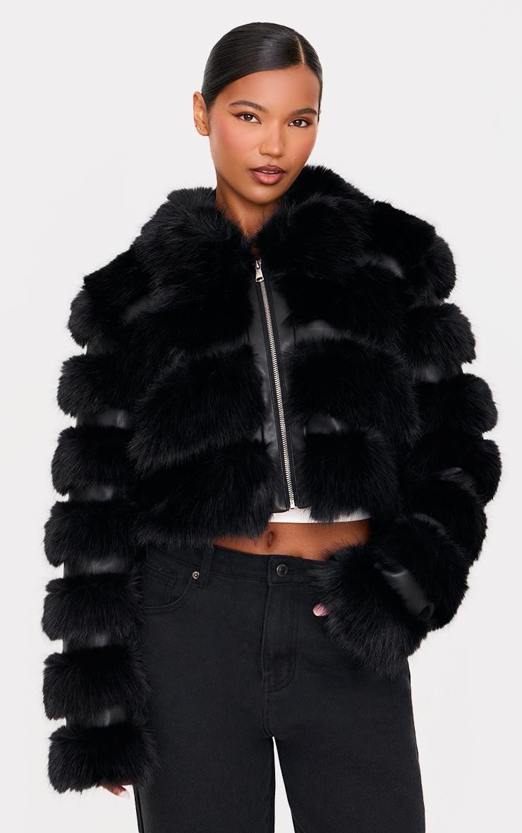 Black Plush Bubble Faux Fur Zip Up Jacket Product Image