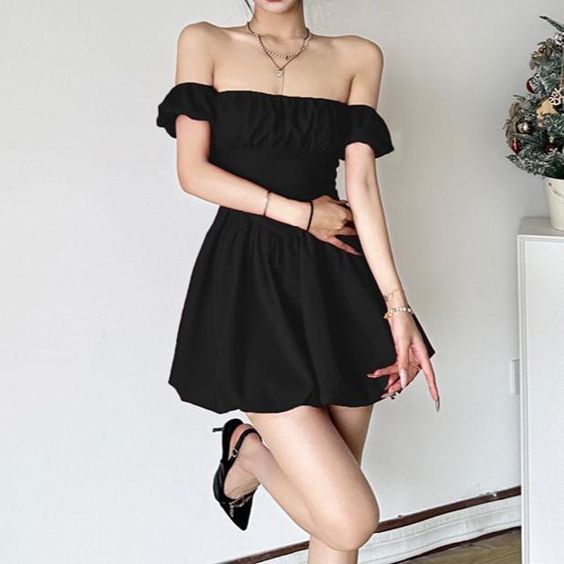 Short-Sleeve Off Shoulder Plain Mini A-Line Dress Product Image