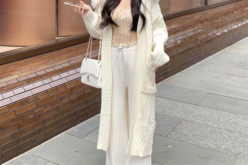 PLain Fluffy Hooded Cable Knit Cardigan / Lace Cami Top / High Waist Wide Leg Pants Product Image