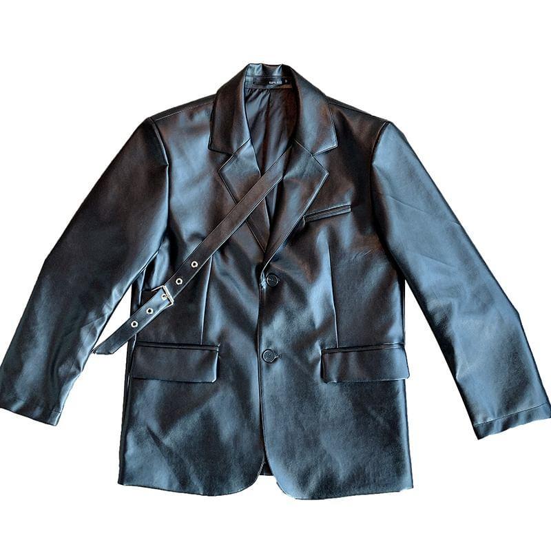 Notch Lapel Plain Belted Faux Leather Single Breasted Blazer Product Image