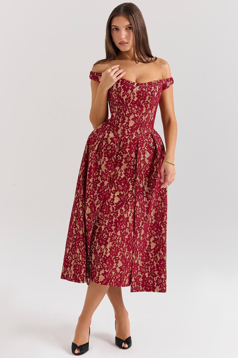 Charming Gold and Berry Lace Midi Off Shoulder Dress Product Image