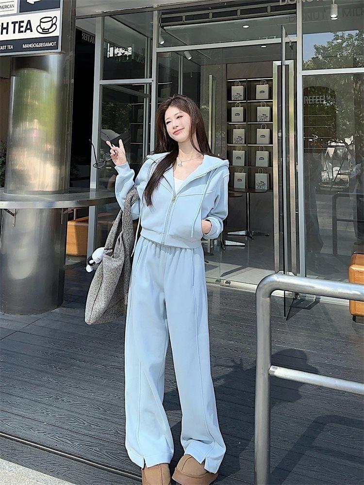 Plain Zip-Up Crop Hoodie / High Waist Slit Wide Leg Sweatpants Product Image