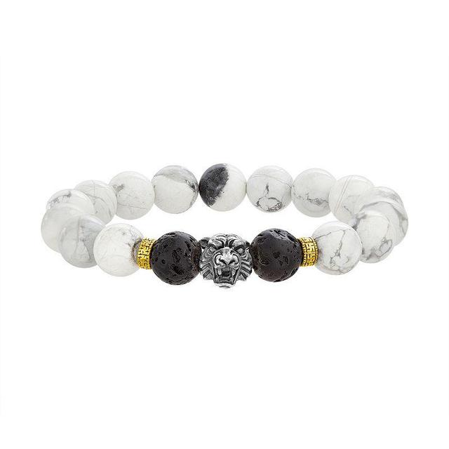 Mens Sterling Silver Lab-Created Howlite Bead, Lava Bead & Tiger Head Bead Stretch Bracelet Multicolor Product Image