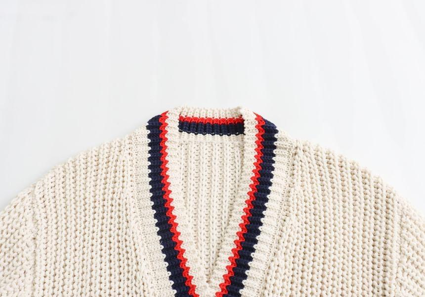 V-Neck Striped Trim Button-Up Cardigan Product Image