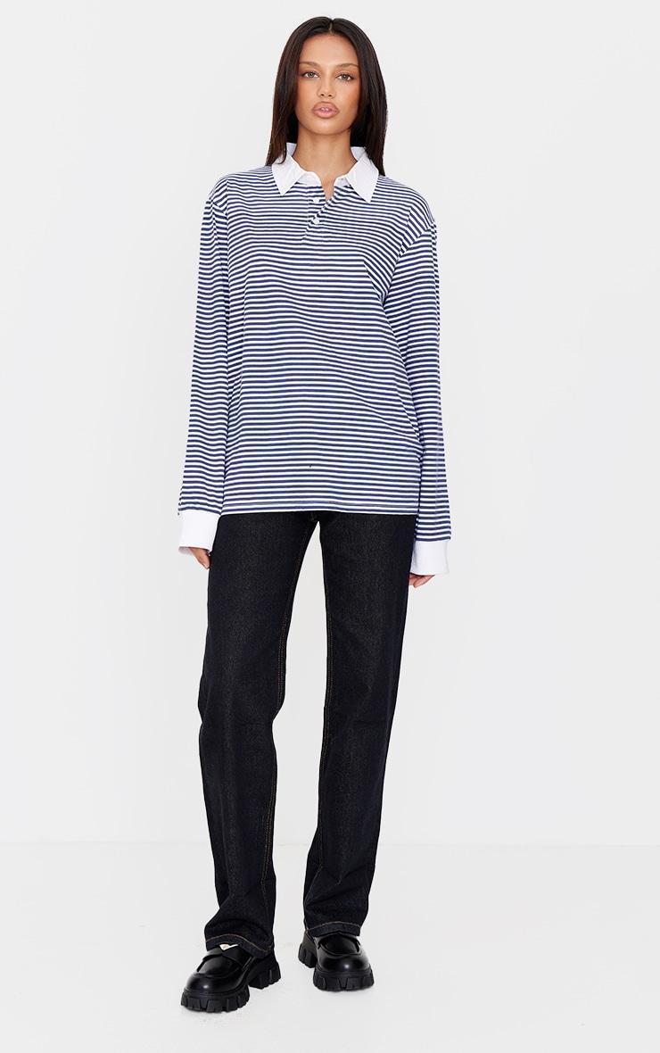 Navy Striped Collared Oversized Long Sleeve T Shirt Product Image