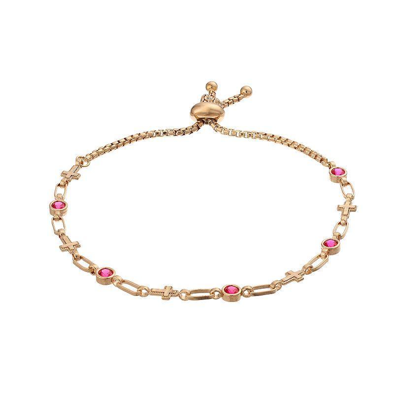 Kristen Kesho Sterling Silver Lab-Created Ruby & Cross Link Adjustable Bolo Bracelet, Womens Gold Tone Product Image