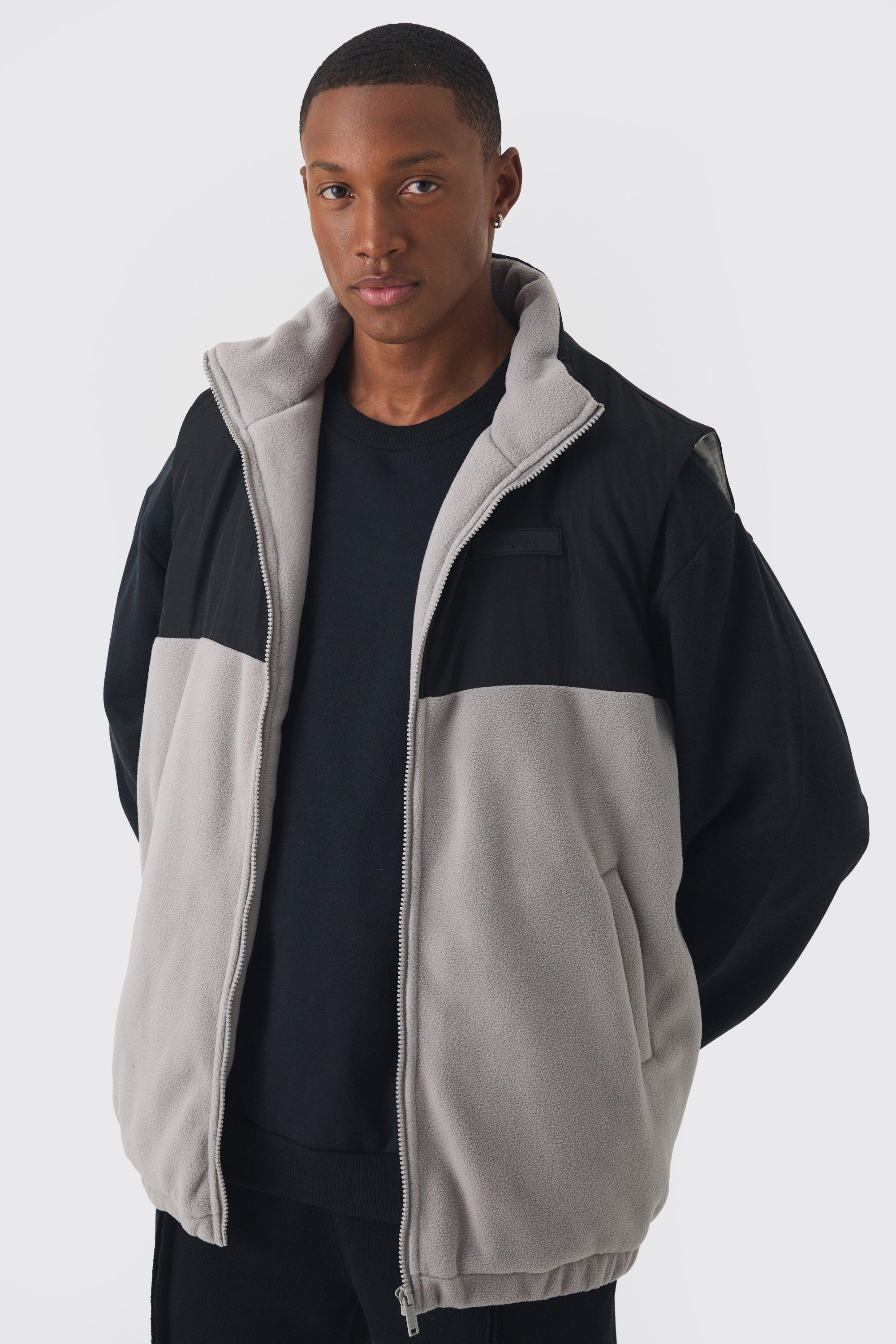 Man Tab Boxy Colour Block Fleece Vest In Grey | boohooMAN USA Product Image