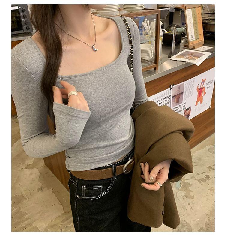 Long-Sleeve Square Neck Plain Crop Top Product Image