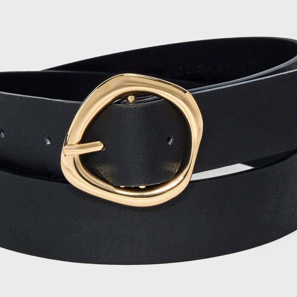 Women's Round Sculptural Buckle Belt - A New Day™ Black L Product Image