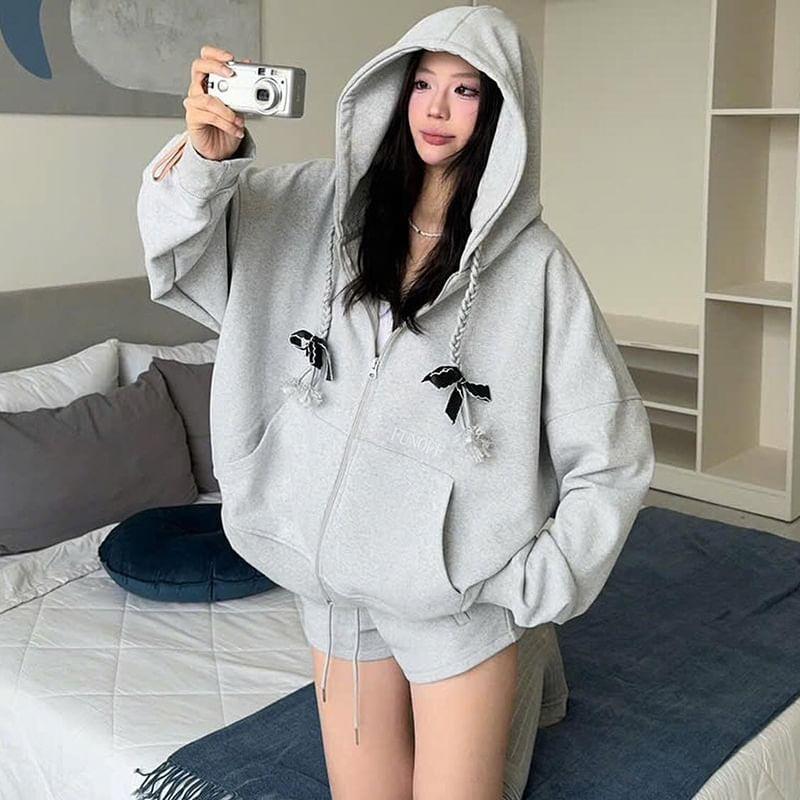 Ribbon Accent Zip-Up Hoodie Product Image