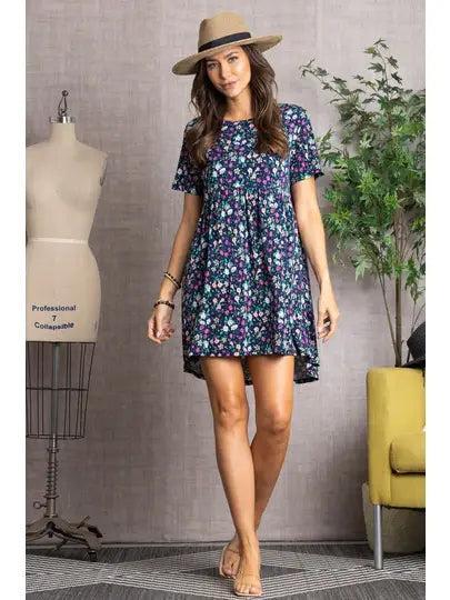 Navy Floral Short Sleeve Dress Female Product Image