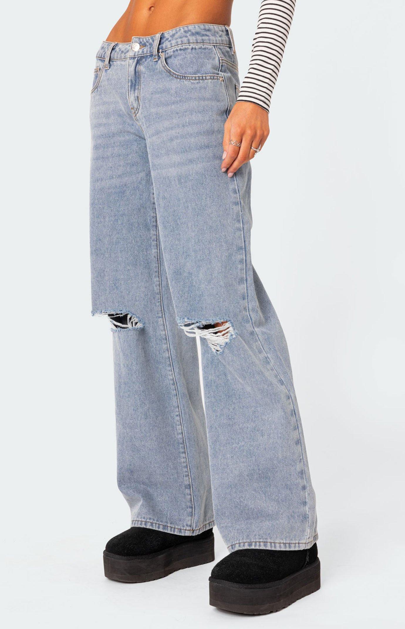 Edikted Women's Debbie Distressed Low Rise Baggy Jeans Product Image