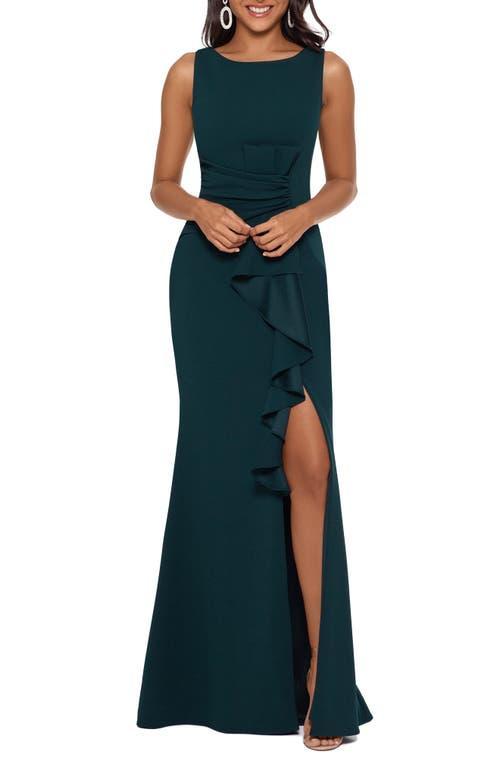 Betsy  Adam Stretch Scuba Crepe Boat Neck Sleeveless Cascading Ruffle Gown Product Image