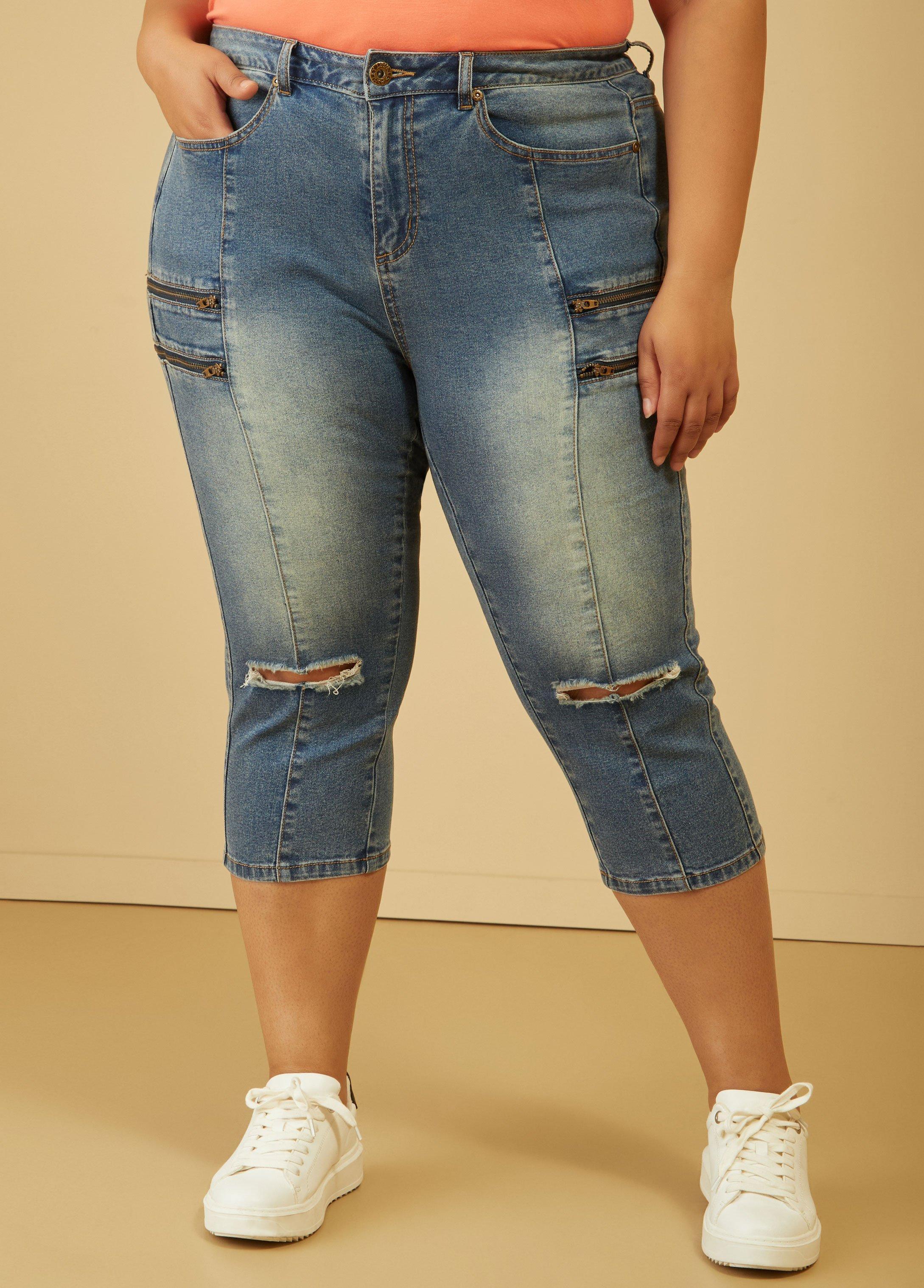 Plus Size Distressed Zip Detailed Capris Ashley Stewart Product Image