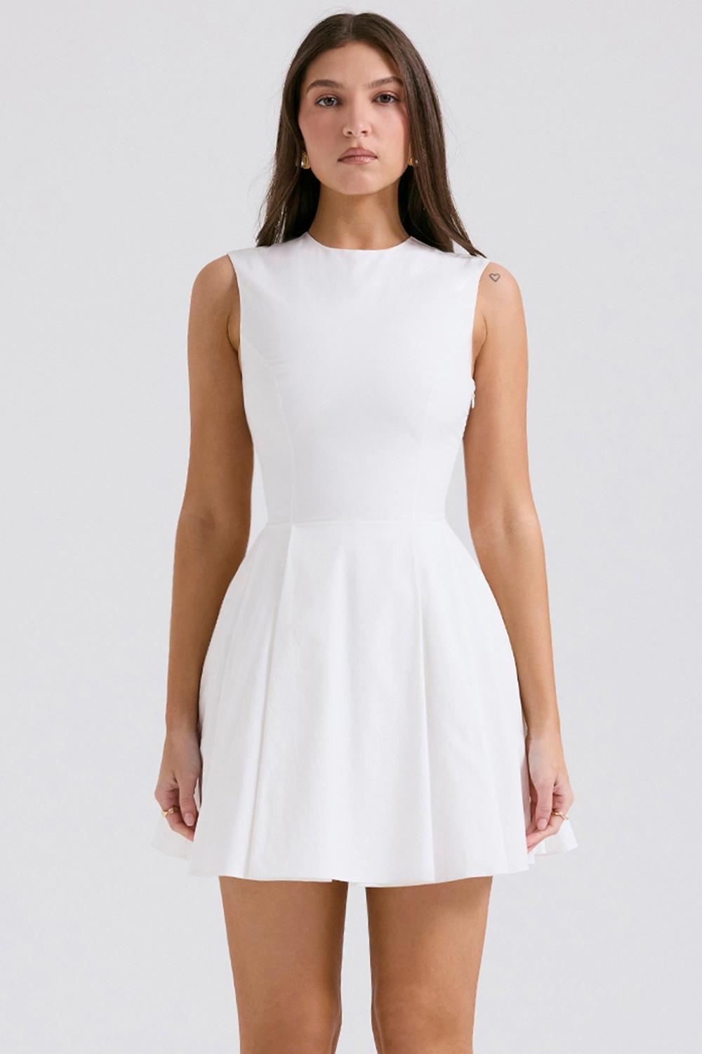 Claretta White Pleated Cotton Mini Dress Product Image