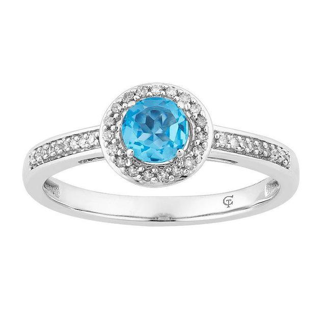 10k White Gold Swiss Blue Topaz & 1/6 Carat T.W. Diamond Halo Ring, Womens Product Image