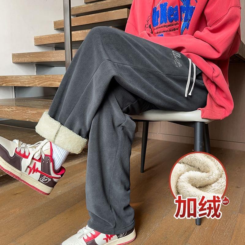 Drawstring Waist Lettering Embroidered Fleece-Lined Loose Fit Pants Product Image