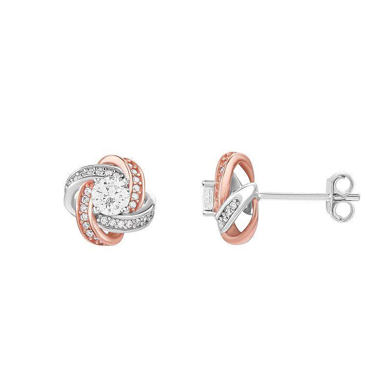 PRIMROSE Two Tone Sterling Silver & 18k Rose Gold Plated Cubic Zirconia Love Knot Stud Earrings, Womens, White Product Image