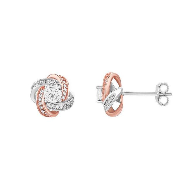 PRIMROSE Two Tone Sterling Silver & 18k Rose Gold Plated Cubic Zirconia Love Knot Stud Earrings, Womens, White Product Image