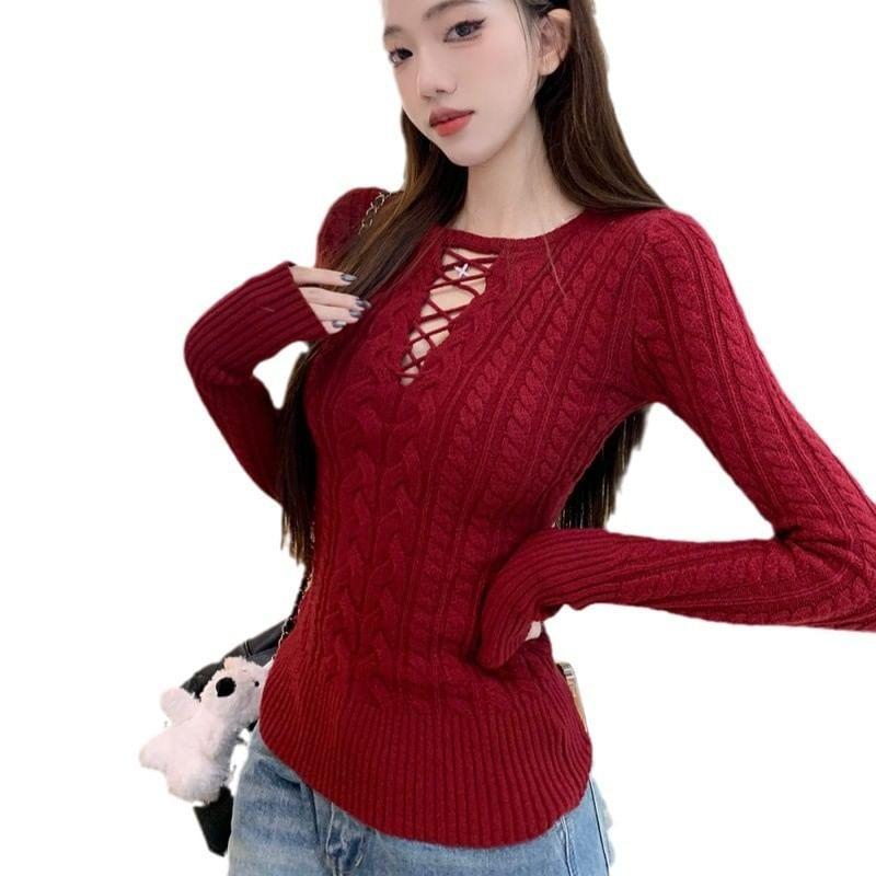 Long-Sleeve Cutout Cable Knit Top Product Image