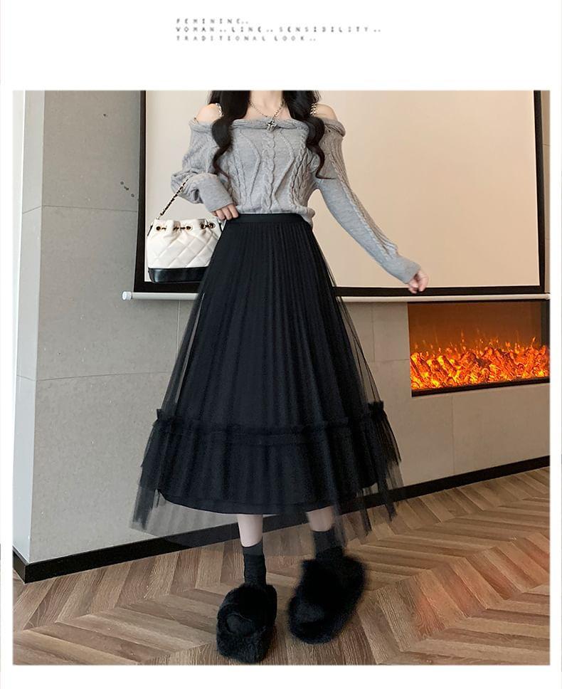 High Waist Plain Ruffle Accordion Pleated Mesh Midi A-Line Skirt Product Image