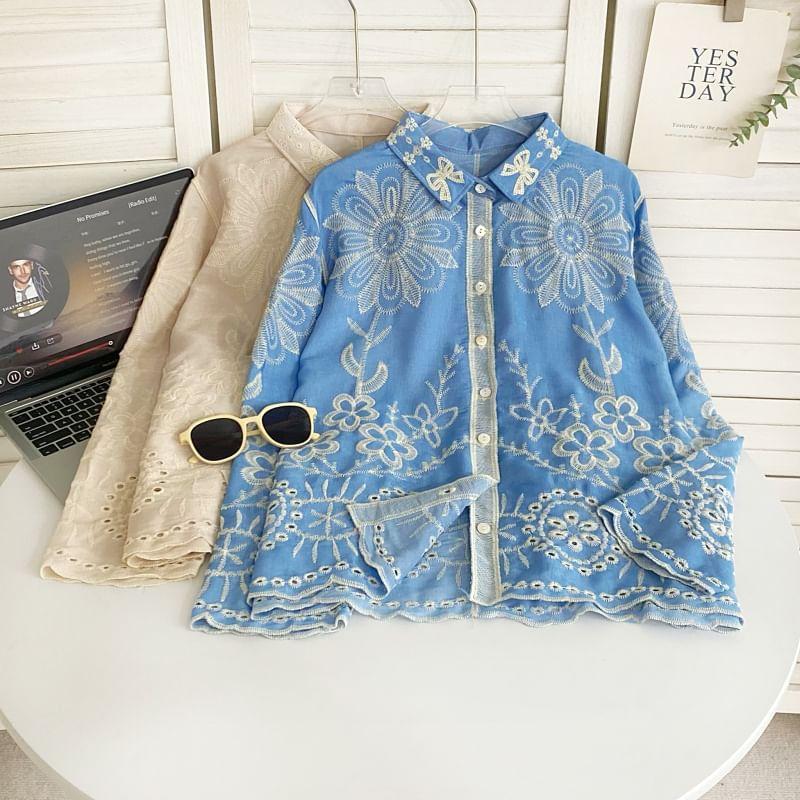 Long-Sleeve Collared Floral Embroidered Eyelet Button-Up Blouse Product Image