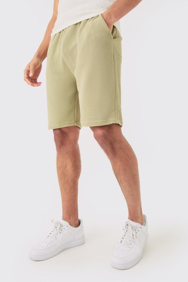 Mens Green Loose Fit Mid Length Textured Shorts, Green Product Image