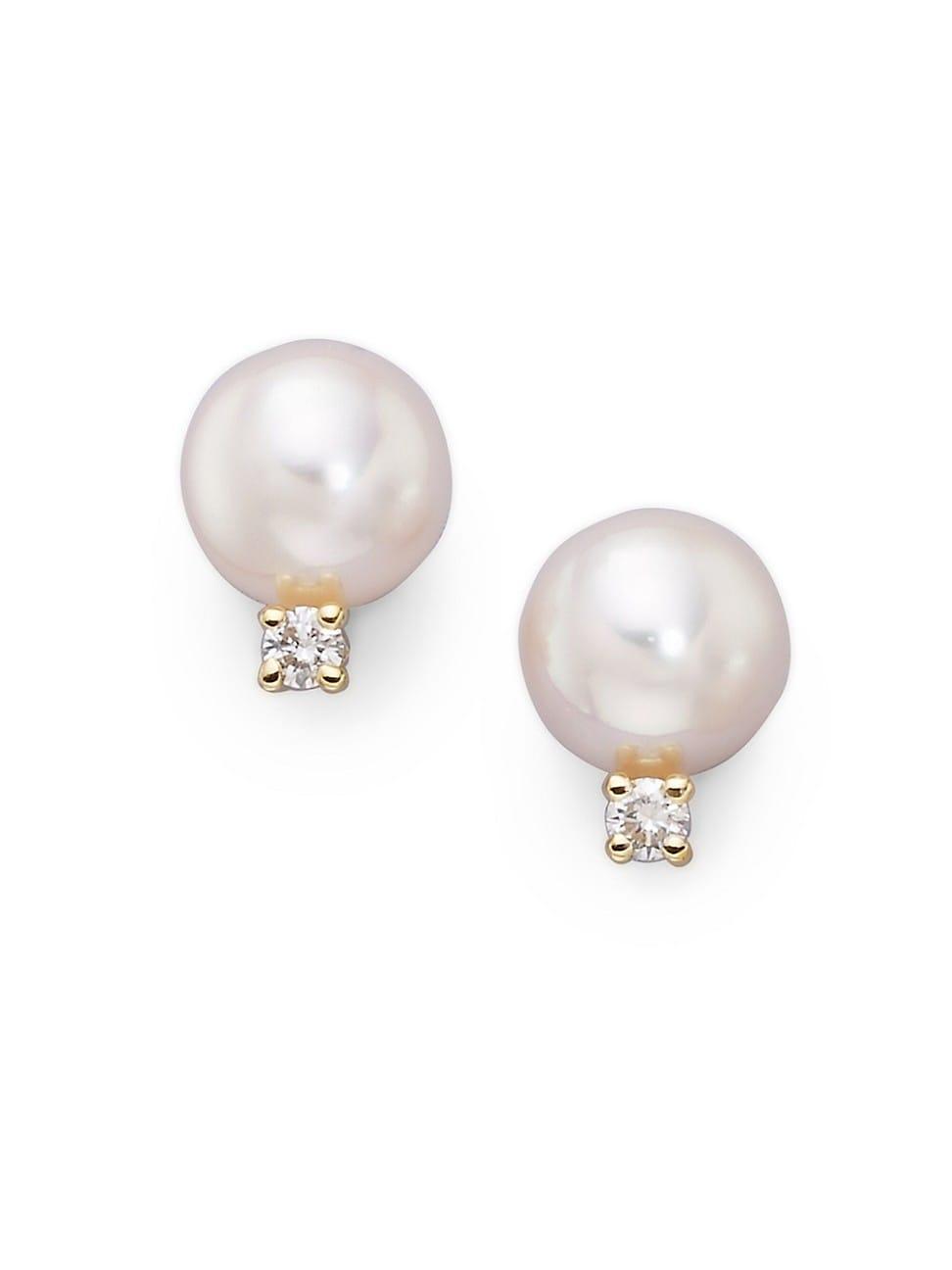 Womens 6MM White Cultured Akoya Pearl, Diamond & 18K Yellow Gold Earrings Product Image