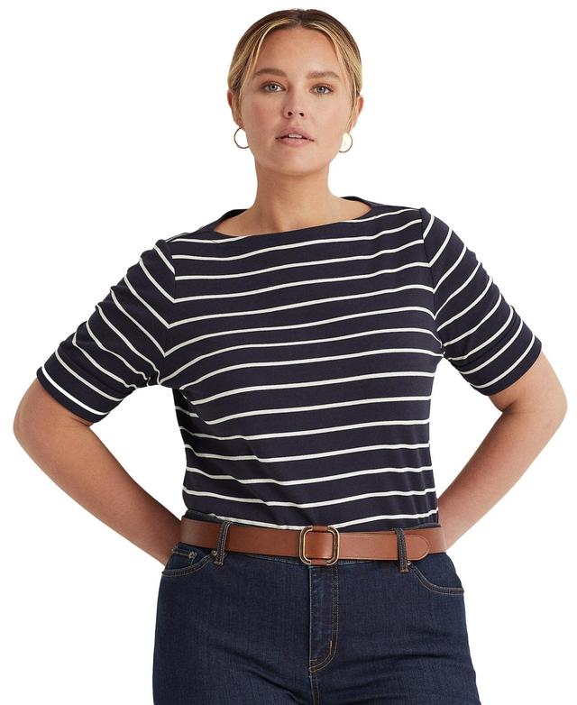 Lauren Ralph Lauren Plus Size Stripe Boat Neck Short Sleeve T Product Image